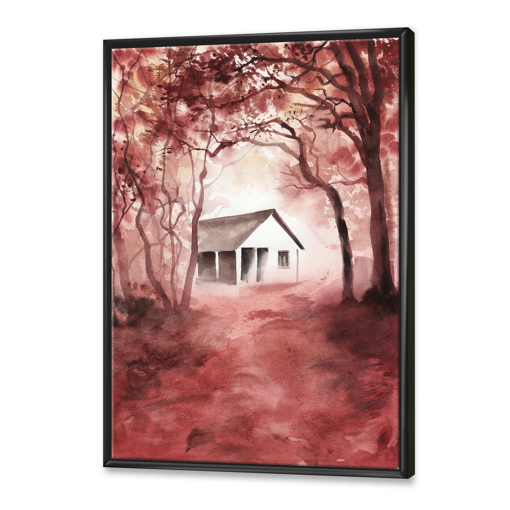 Red Autumn Woods and A House in Wild 24 in x 32 in Framed Painting Canvas Art Print, by Designart