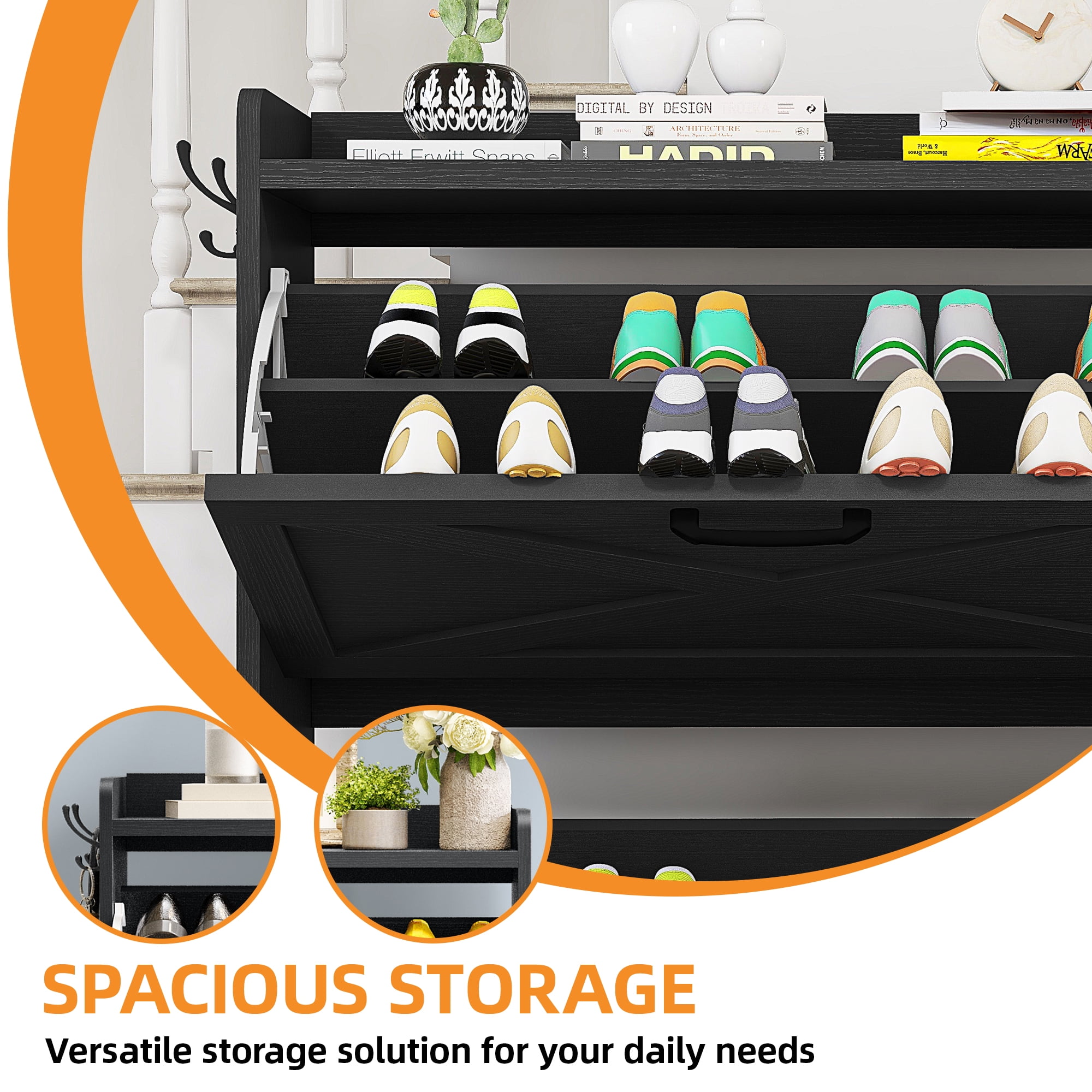 Uforic Shoe Cabinet with with 2 Flip Drawers&Shoe Bench,Farmhouse Narrow Slim Shoe Storage Cabinet for 16 Pairs for Entryway, Foyer, Black
