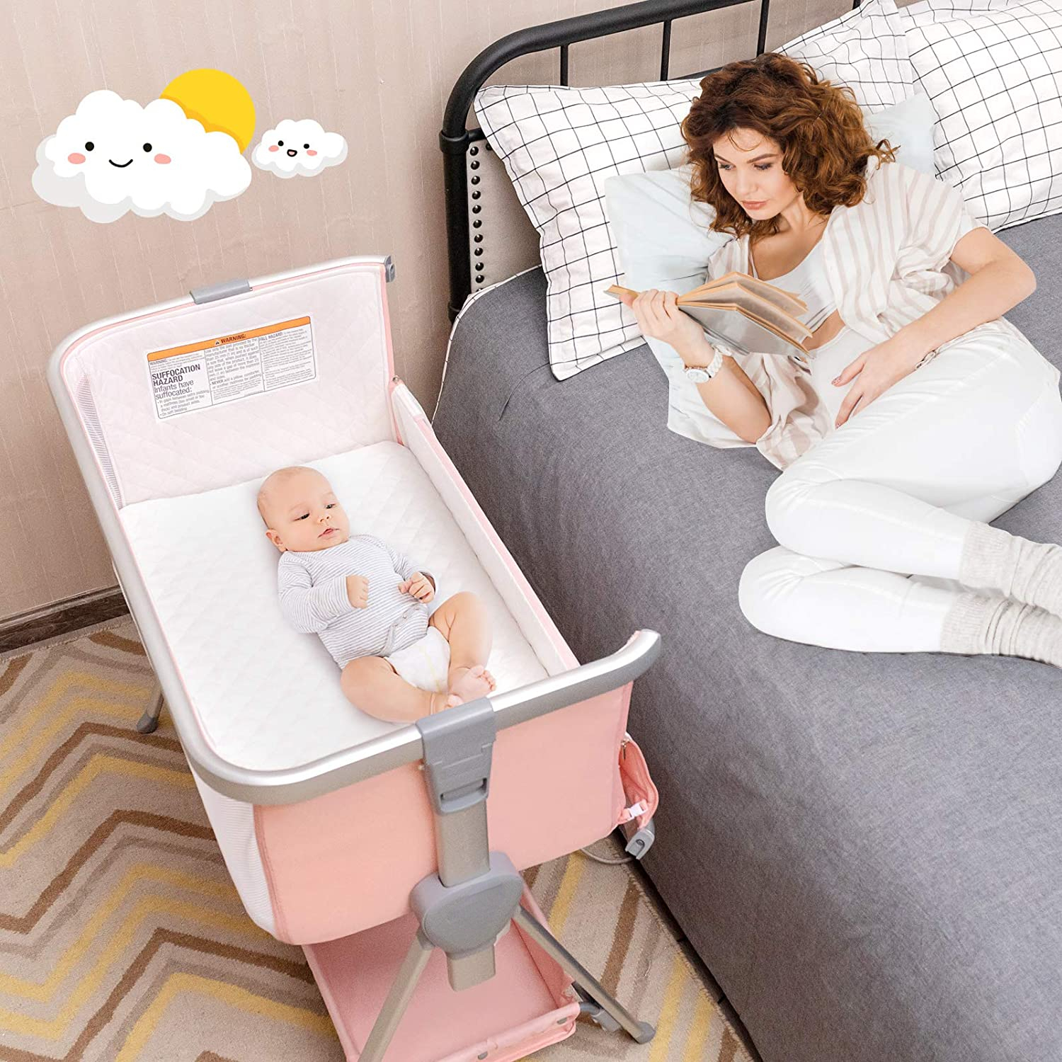 Bedside Portable Baby Crib w/ Mattress, TwoSide Breathable