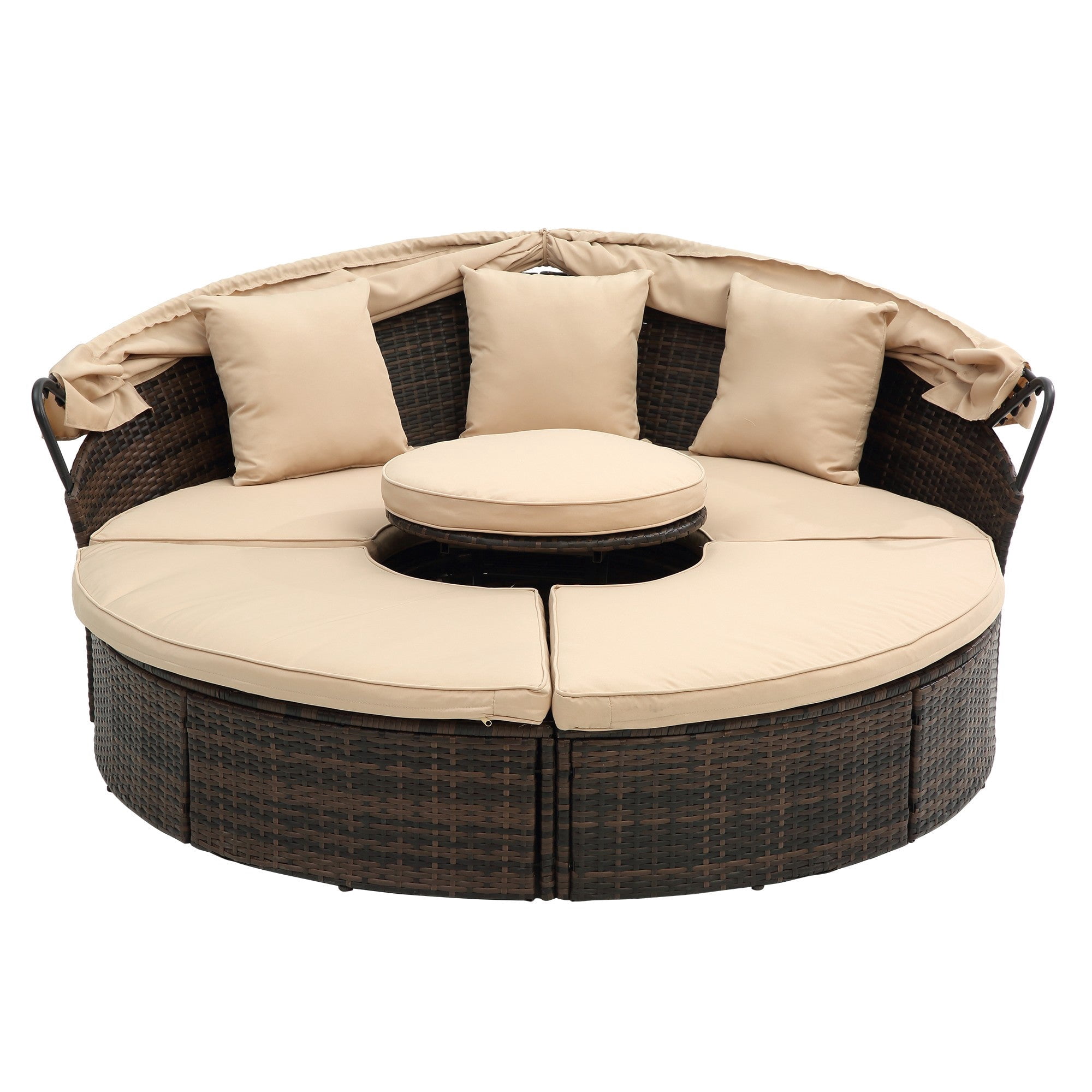 Sailvan Outdoor Sofa Bed Wicker Round Daybed with Retractable Canopy and Lift Coffee Table for Patio Poolside Beige