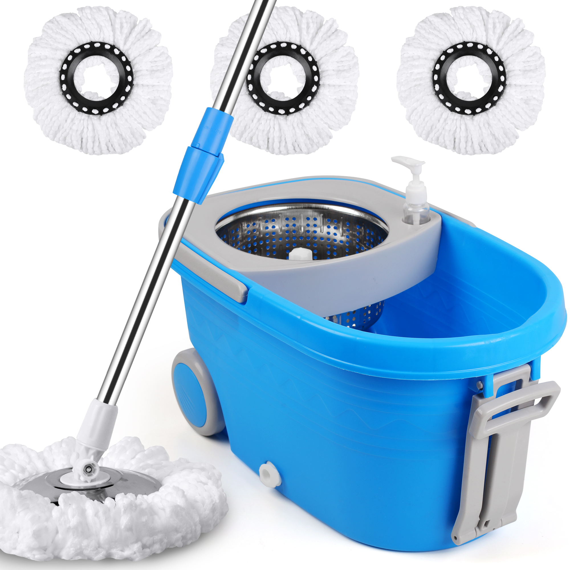 Spin Mop and Bucket on Wheels, 360° Spinning Mopping Bucket with 3 Microfiber Refills & 61