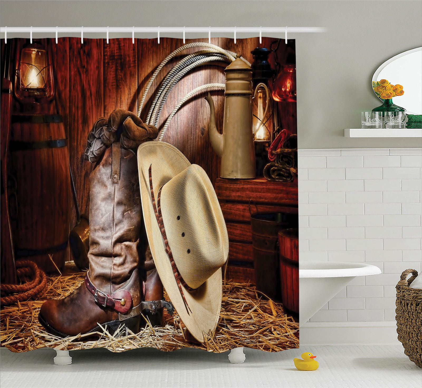 Rustic Western Cowboy Theme Waterproof Fabric Shower Curtain Set Bathroom Hooks 