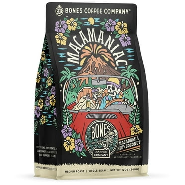 Bones Coffee Medium Roast Whole Bean Coffee | 12 oz Macamaniac Macadamia Nut and Coconut Flavored Coffee