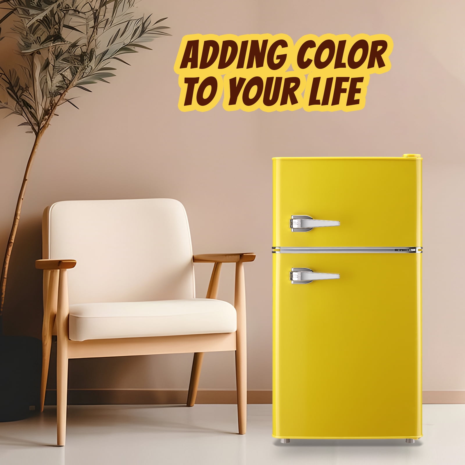 TACOOL Retro Yellow Mini Fridge with Handle Dual Door 3.5Cu.ft Samll Refrigerator with Freezer For Home