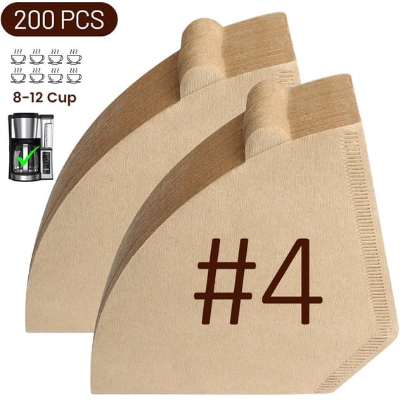 TJS Coffee Filters, Size #4 Cone Filters, Disposable Natural Paper Filters 8-12 Cup for Pour Over and Drip Coffee Maker (Unbleached, 200)