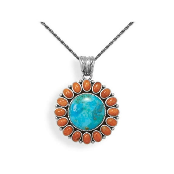 Reconstituted Turquoise and Red Coral Sun Pendant Antiqued Sterling Silver, 20
