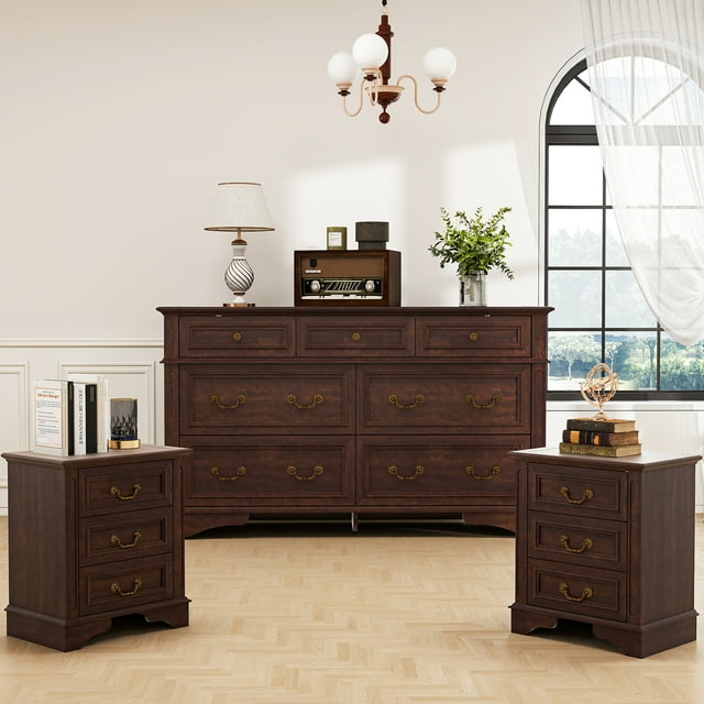 FIAKOA Ensemble Commode et Table de Nuit pour Chambre, Ensemble de Meubles en Bois pour Chambre avec Rangement Spacieux, 3 Pcs, Brun Noyer