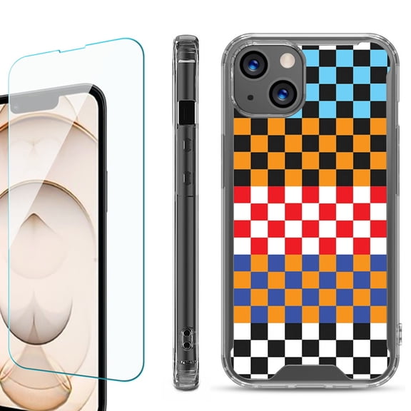 Shockproof Bumper Phone Case for iPhone 13, with Tempered Glass Screen Protector, by OneToughShield ® - Colorful Checker