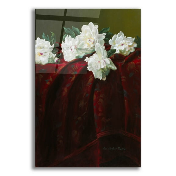 Epic Art 'Peonies On Crimson' by Christopher Pierce, Acrylic Glass Wall Art, 16"x24"