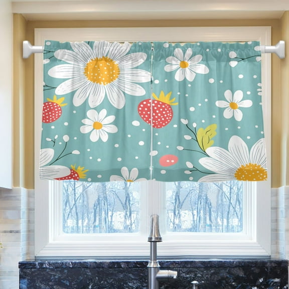 Ryvnso Strawberry Daisy Floral Half Curtains Sets Tier 2 Panels Short Curtain Rod Pocket 27"W x 24"L
