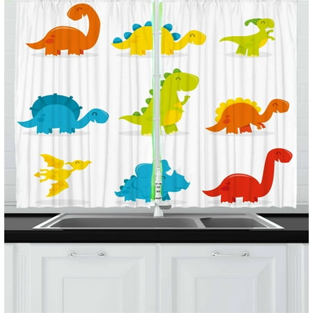 Cute Curtain Dinosaur Curtains 2 Panels Set, Cute and Funny Dinosaurs Set Cartoon Style Colorful Collection Kids Nursery Theme, Window Drapes for Living Room Bedroom, 55W X 39L Inches, Multicolor, by Ambesonne ()