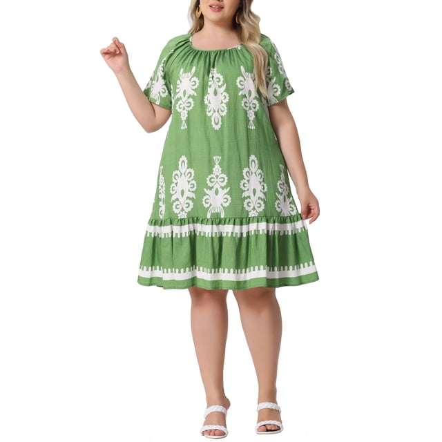 Vestidos Boho de Talla Grande para Mujer Agnes Orinda, Plisados, Cuello Redondo, Manga Corta, Fluidos, Casual de Verano, Midi, 1X Verde