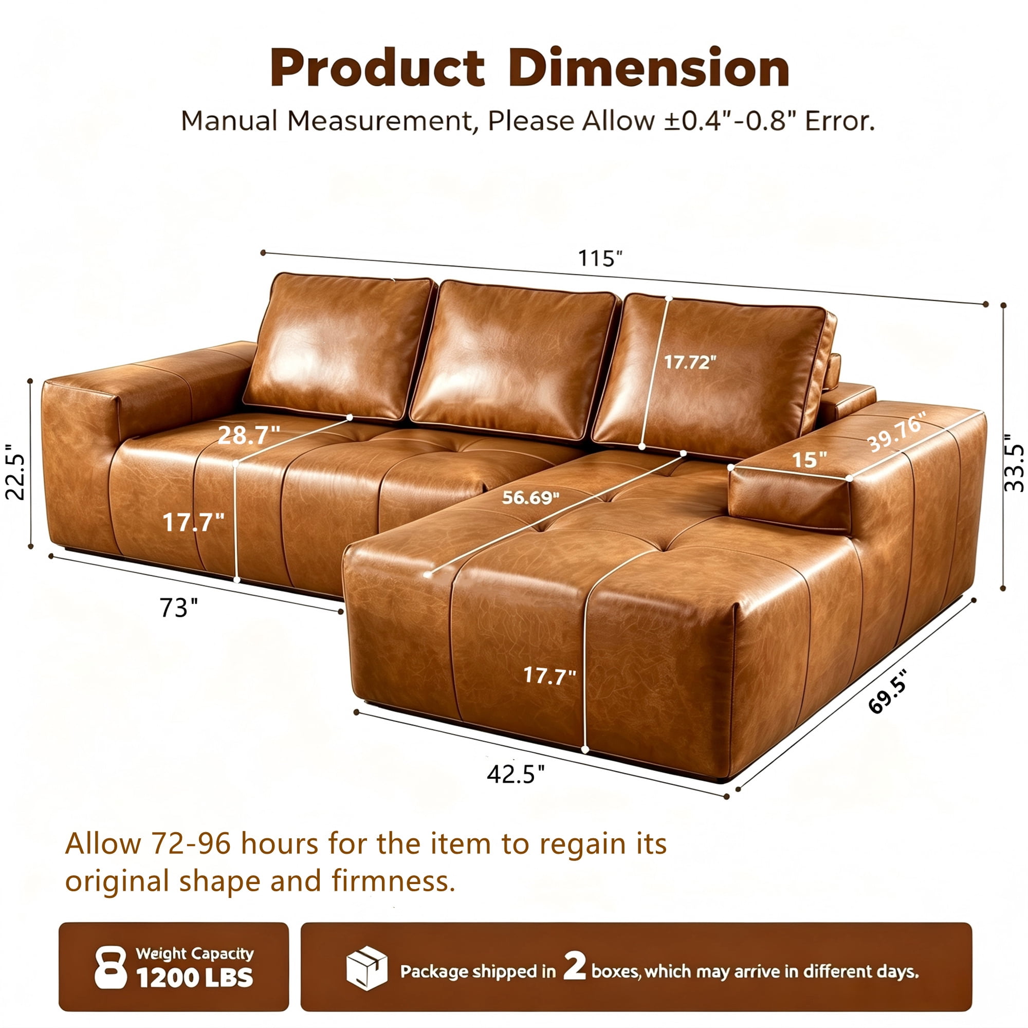Aukfa 115" Leather Cloud Sectional Sofa Oversized Boneless Couch Modular L-Shaped Sofa for Living Room, Right Chaise, Brown