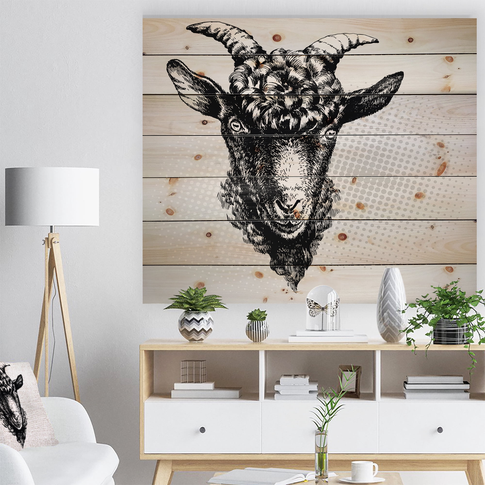 Designart 'Black Goat' Farmhouse Animal Painting Print on Natural Pine Wood