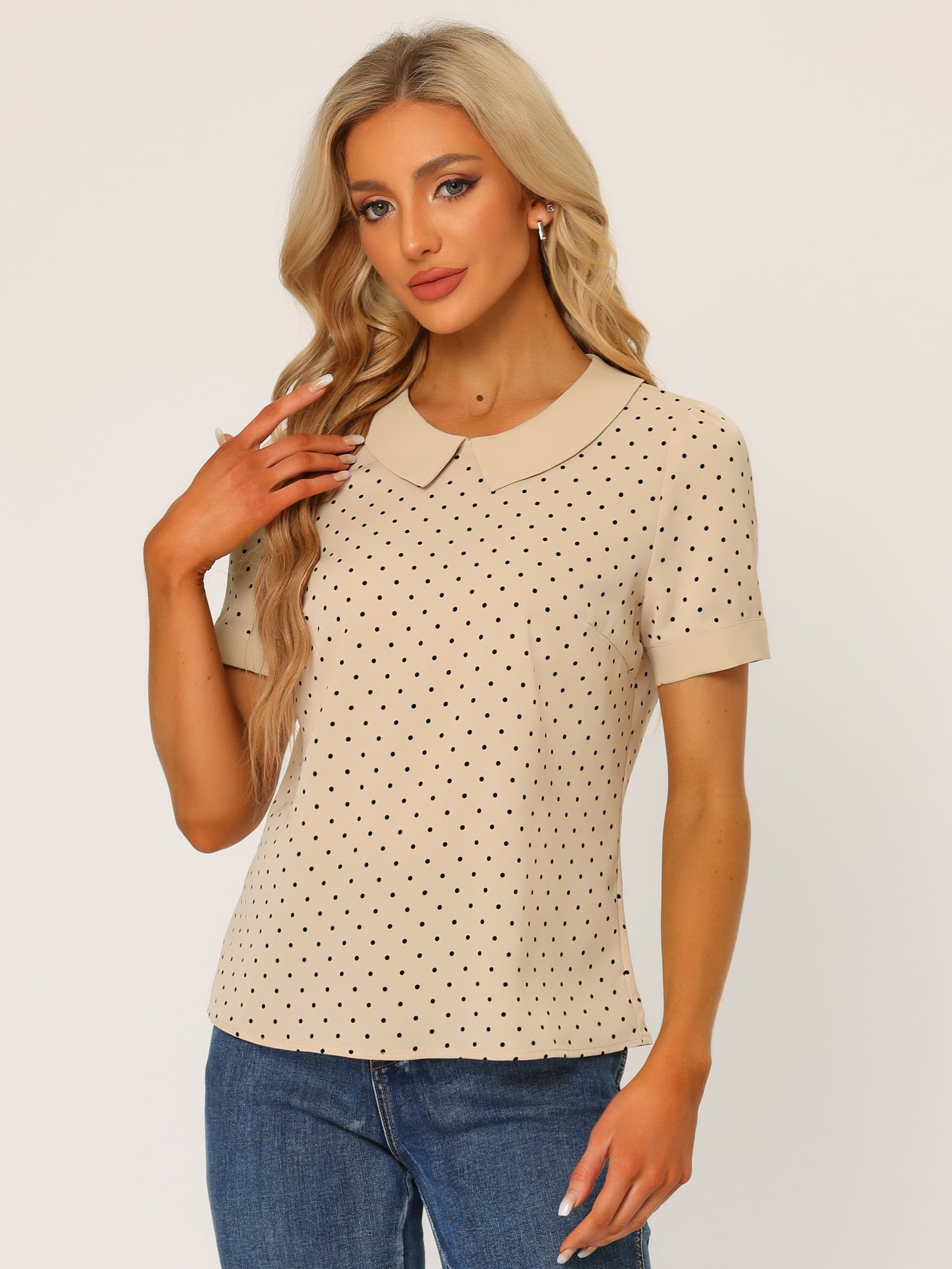 DARING DIVA Women's Contrast Peter Pan Collar Polka Dots Tops 3XL Dark Beige
