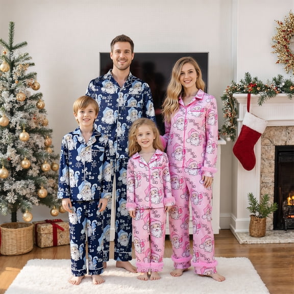 Family Matching Christmas Pajamas Set Santa Letter Print Holiday Satin Sleepwear Dad Mom Kids PJs