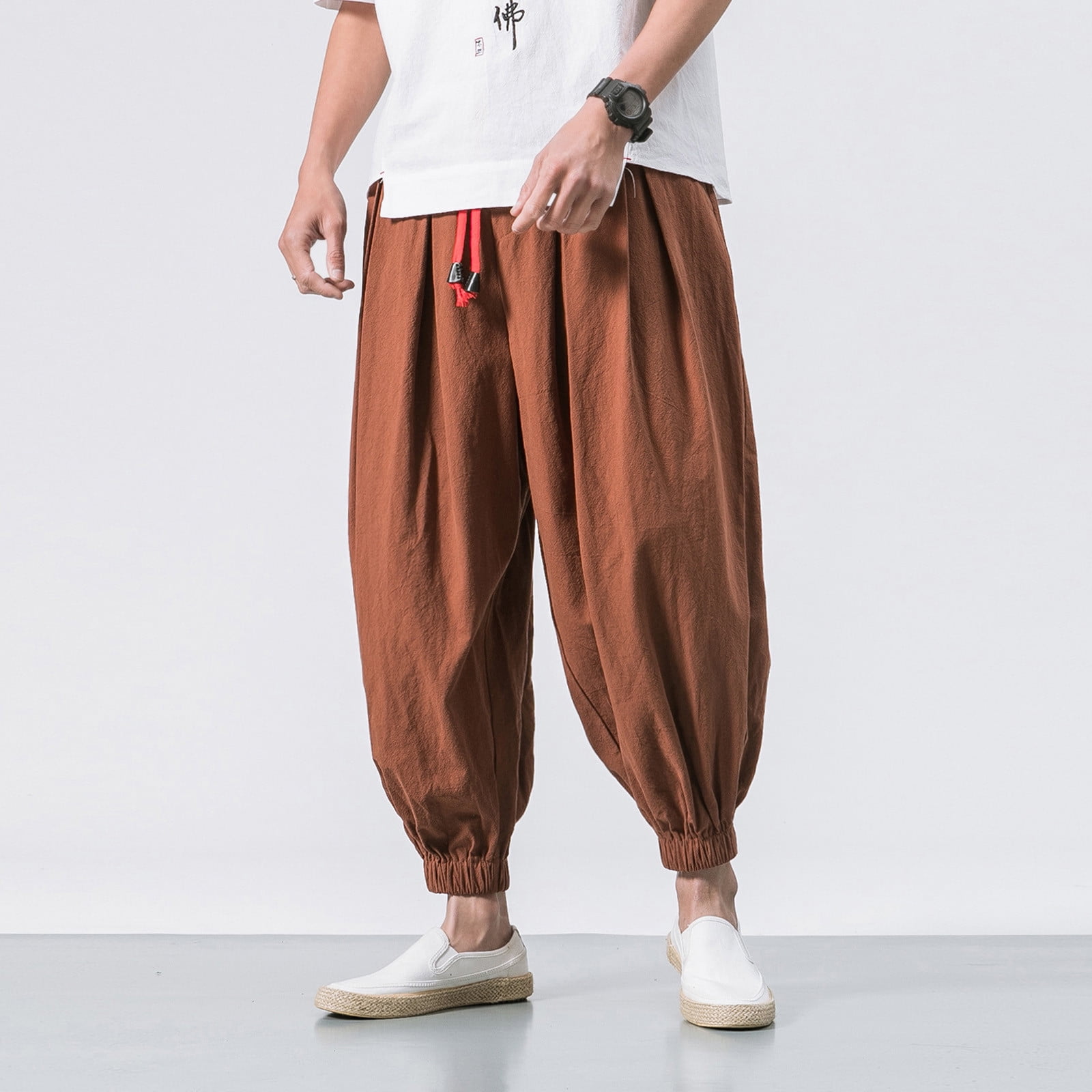 jsaierl Men's Harem Pants Cotton Linen Plus Size Pants Elastic Waist Lace Up Trousers Print Hippie Yoga Pants Comfy Workout Pants for Men