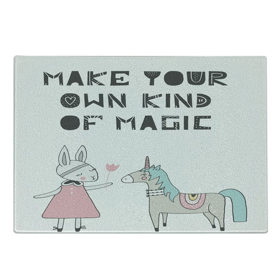 Cartoon Cutting Board, Bunny in a Dress Unicorn Scandinavian Style and Magic Words, Decorative Tempered Glass Cutting and Serving Board, Small Size, Multicolor, by Ambesonne
