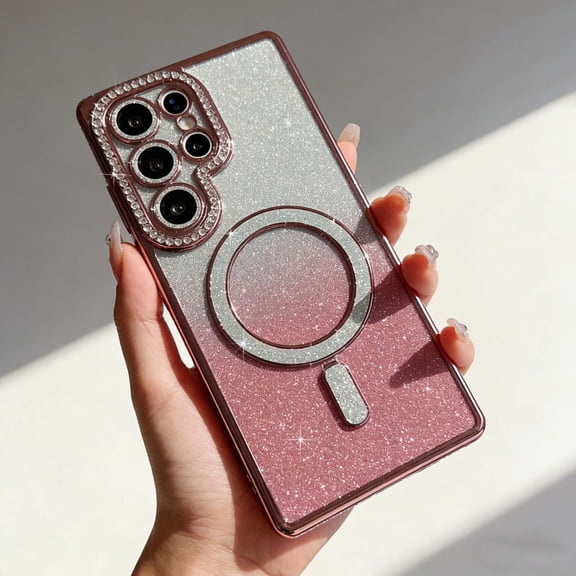 For Samsung Galaxy S25 FE Phone Case,Compatible With Wireless Charging,Gradient Glitter Back Design,Luxury Diamond Frame,With Lens Film,Shockproof Anti-fall Electroplated Phone Case,Pink