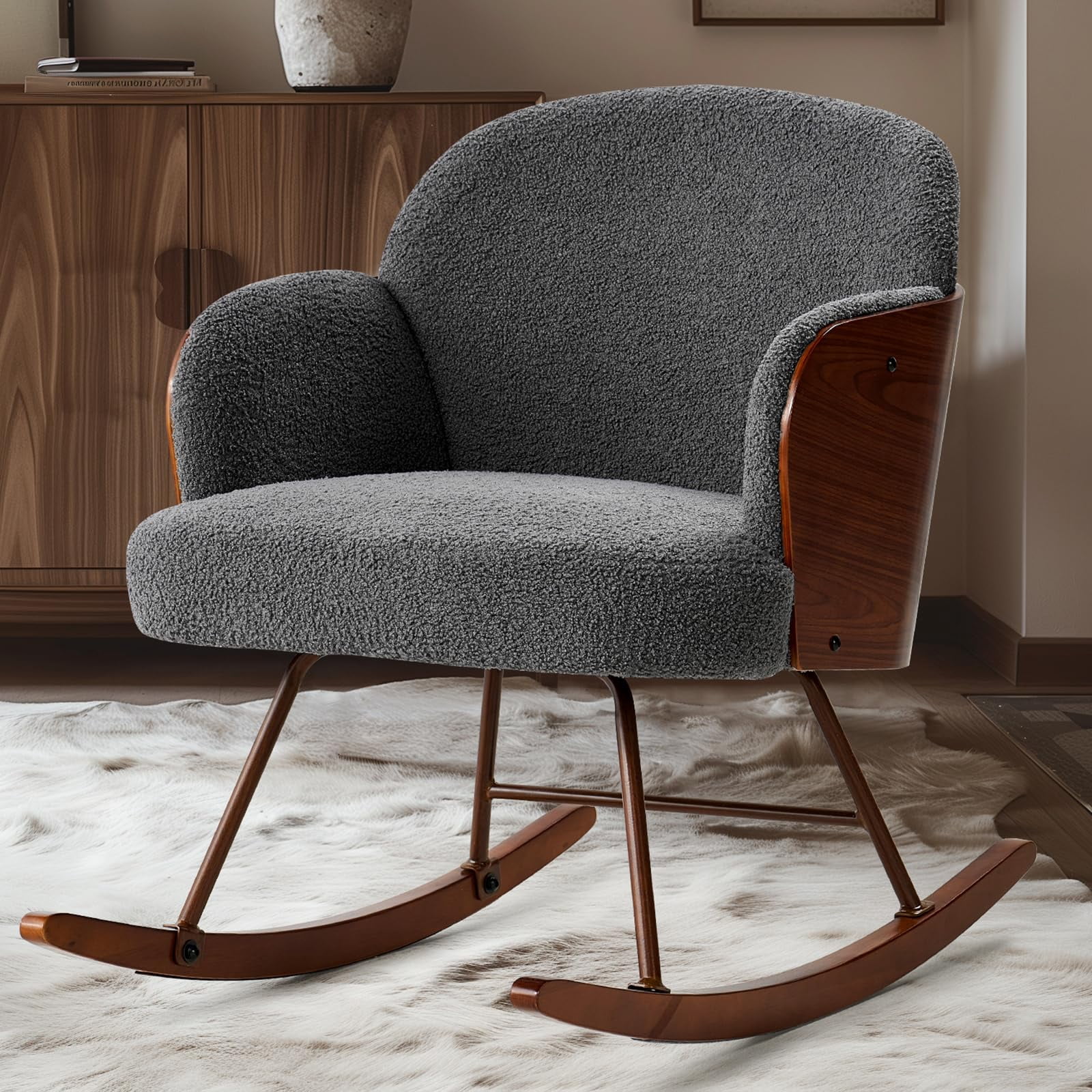 Merluxy Nursery Rocking Chair for Living Room,Bentwood Frame and Teddy Upholstered,Grey