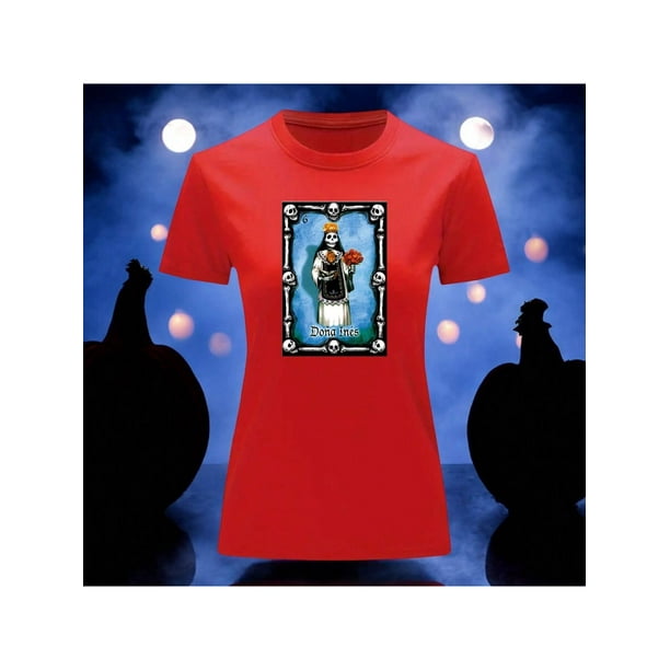Playera Blusa Con Impresion De Doña Ines De Loteria Dia De Muertos Tradicion Mexicana Color Rojo Talla Chica Marca Emil SaEs