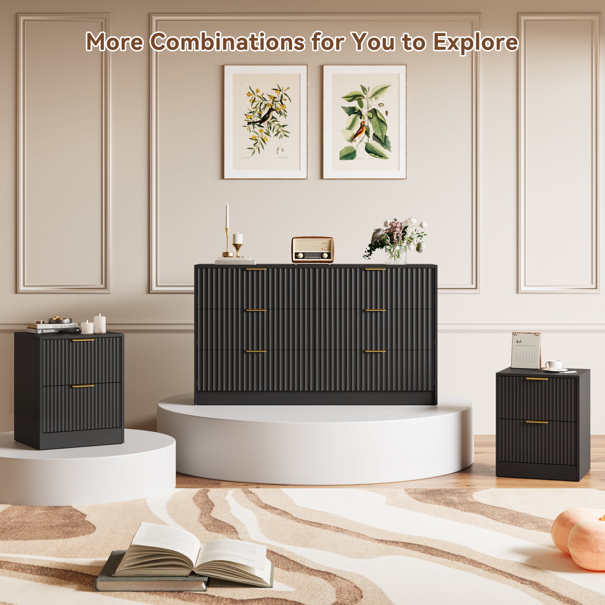YouTrend 6 Drawer Dresser for Bedroom,55.1"Width Fluted Wood Chest of Drawer with Golden Embedded Handles for Living Room,Black
