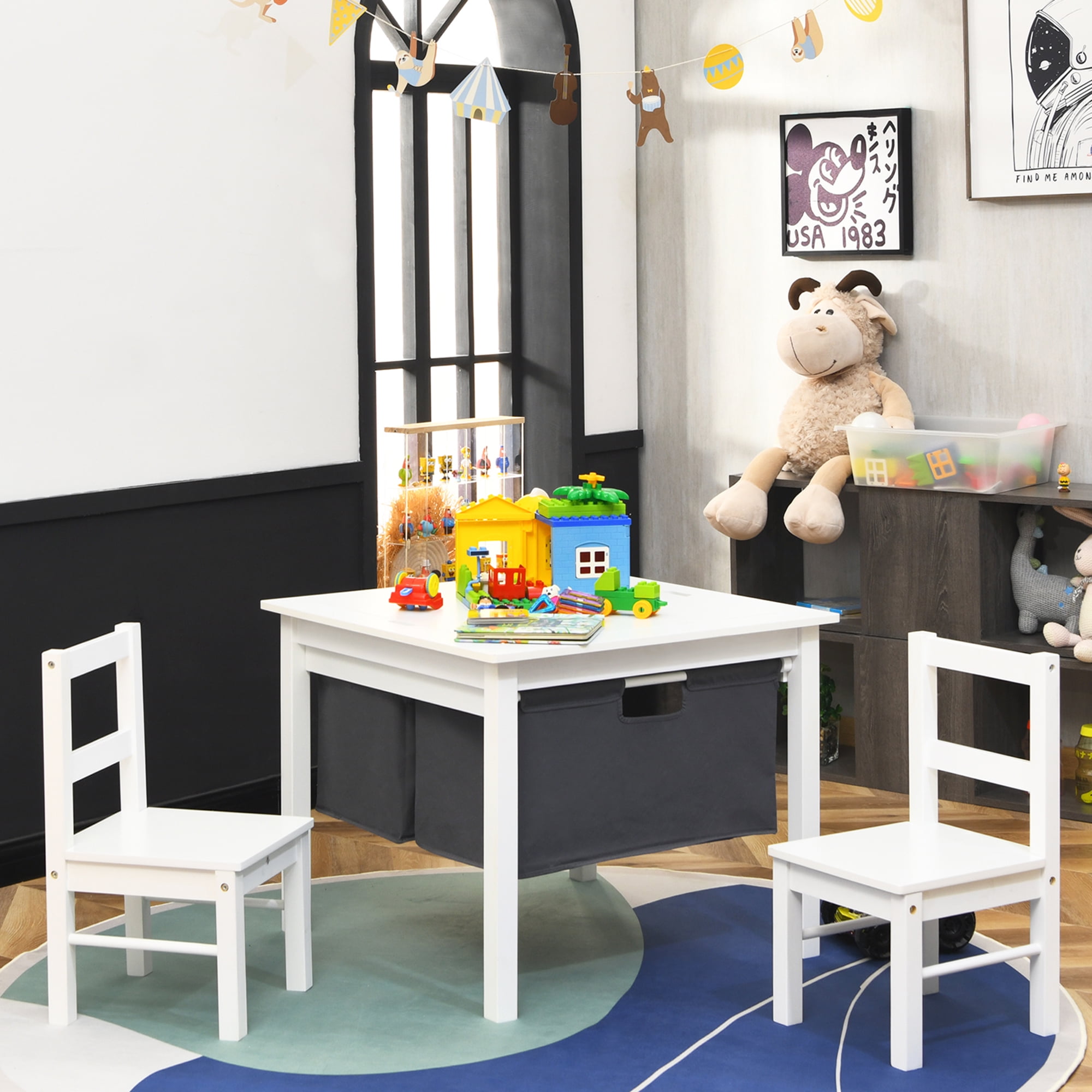 Gymax 2-in-1 Kids Activity Table & 2 Chairs Set w/Storage Building Block Table White
