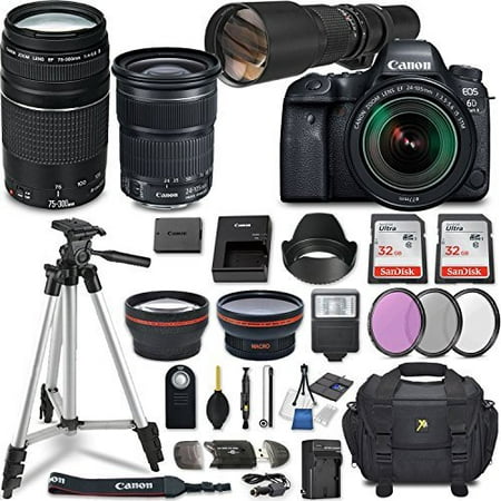 Canon EOS 6D Mark II DSLR Camera w/ 5 Lens Bundle including EF 24-105mm f/3.5-5.6 IS STM + 2.2x Telephoto & 0.43x Aux Wide Angle Lens + 2Pcs 32GB SD + Accessories with Premium Commander Kit (30