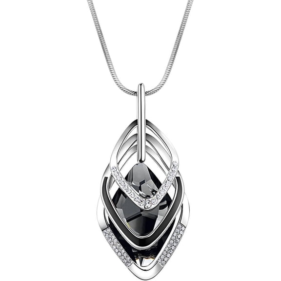 Long Chain Necklace for Women Crystal Sweater Triple Stack Zirconia Pendant Rhombic Rhinestone Pendant Necklace-Silvertone Fashion Jewelry for Women