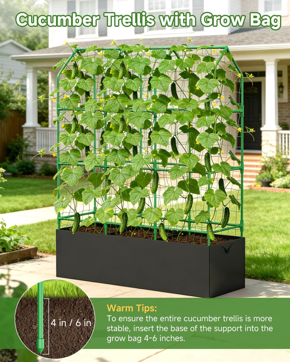 Cucumber Trellis For Climbing Plants Outdoor  A-shape Garden Raised Bed Metal Plant With Netting Flower Vegetables Pea Grape (50 * 17 65inch(l*w*h)