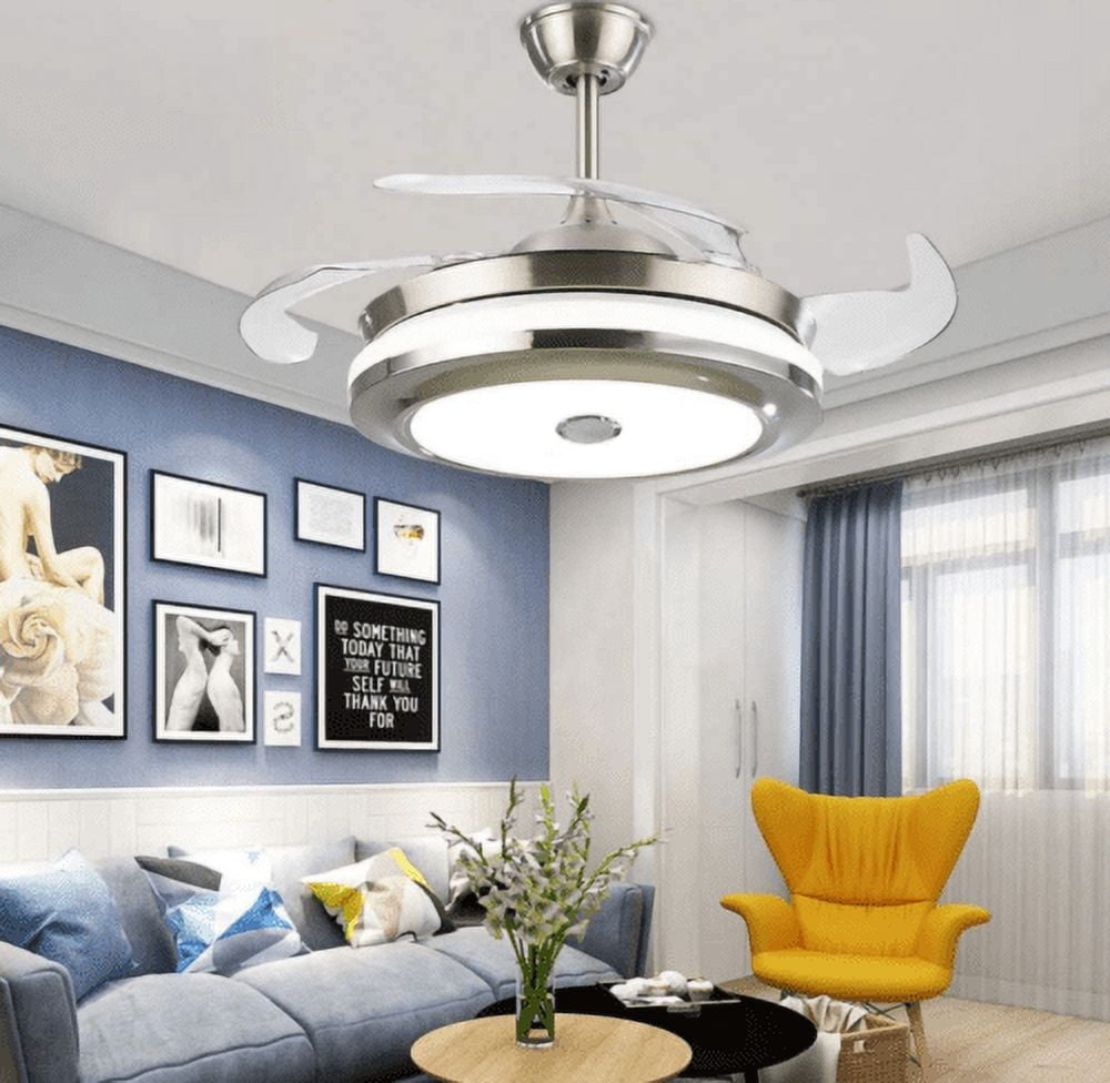 EASYG 42'' Modern Retractable Ceiling Fans with Smart Bluetooth Music Player Chandelier 3 Colors Invisible Blades with Remote Control