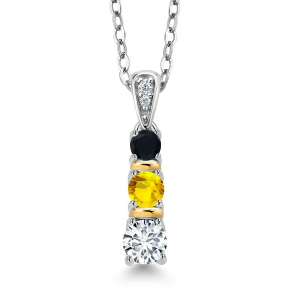 Gem Stone King 925 Silver and 10K Yellow Gold Round White Lab Grown Diamond Yellow Sapphire and Black Onyx Pendant Necklace for Women (0.53 Cttw, Gemstone April Birthstone, with 18 inch Chain)
