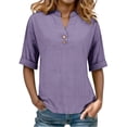 thumbnail image 5 of VJGBEGW Women Cotton Linen Tunic Tops Casual Half Sleeve 1/4 Button V Neck Shirts Loose Fit Summer Beach Vacation Blouse Dark Purple M, 5 of 9