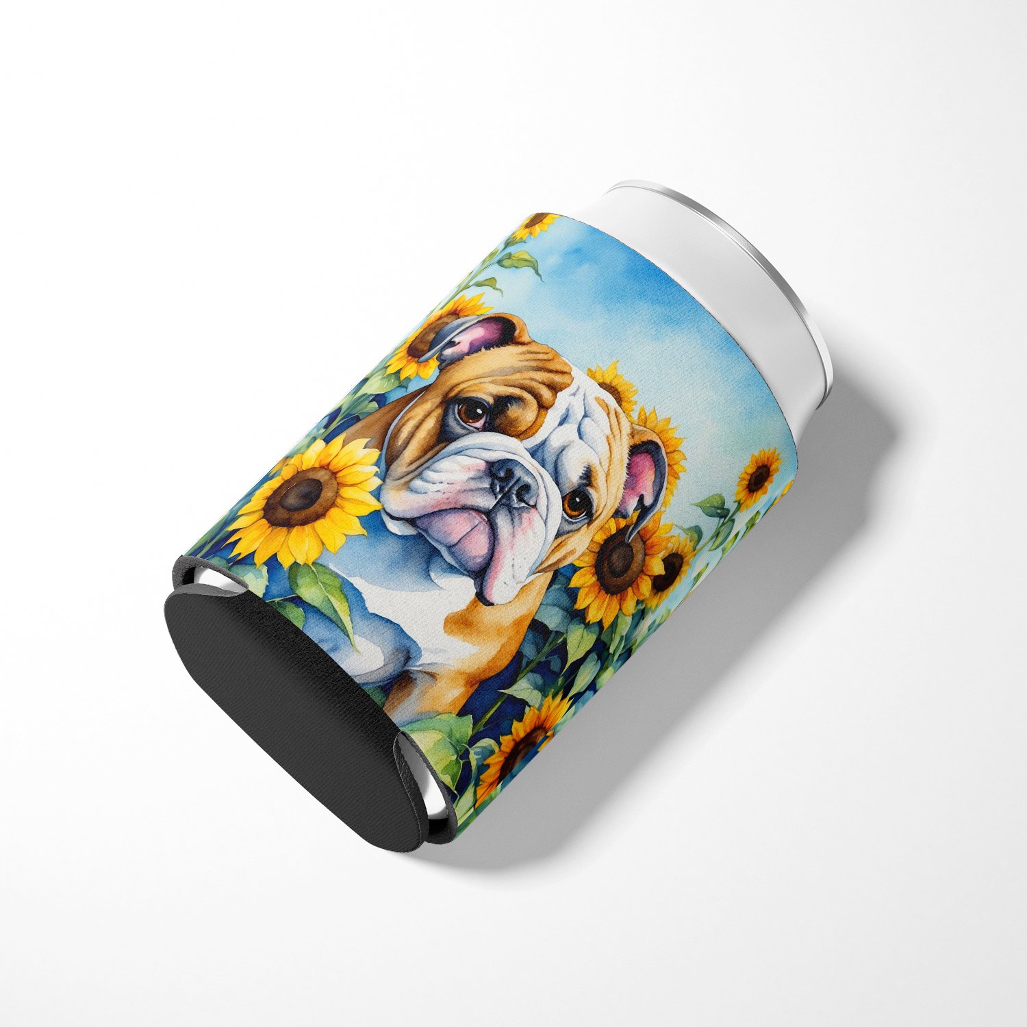 English Bulldog in Sunflowers Can or Bottle Hugger 3 in x 5 in