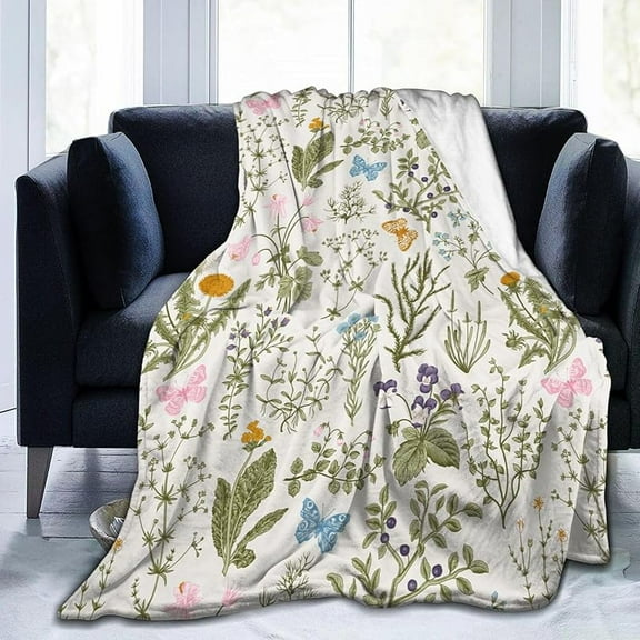 Vintage Wild Flower Herbs Floral Blanket, Soft Blankets Flannel Bed Throw Cozy Lightweight Plush Gifts for Women Girls Sofa Couch Bedroom Living Rooms Warm All Season, Home Decor, 60"x50"