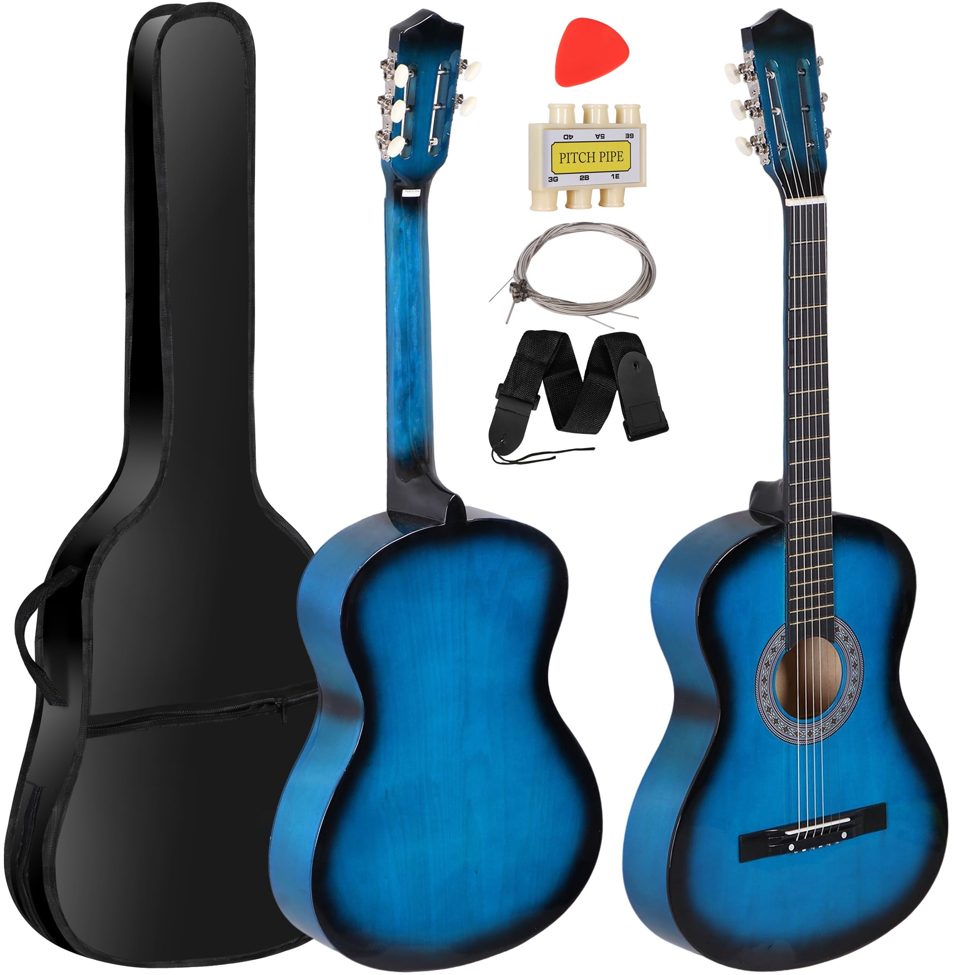 SuperDeal 38-Inch Round Shoulder Acoustic Guitar Kit 6 Strings Full Size Classic Beginners Children Adults All-Solid Wood with Carrying Case, Strap, Tuner and Pick, Blue