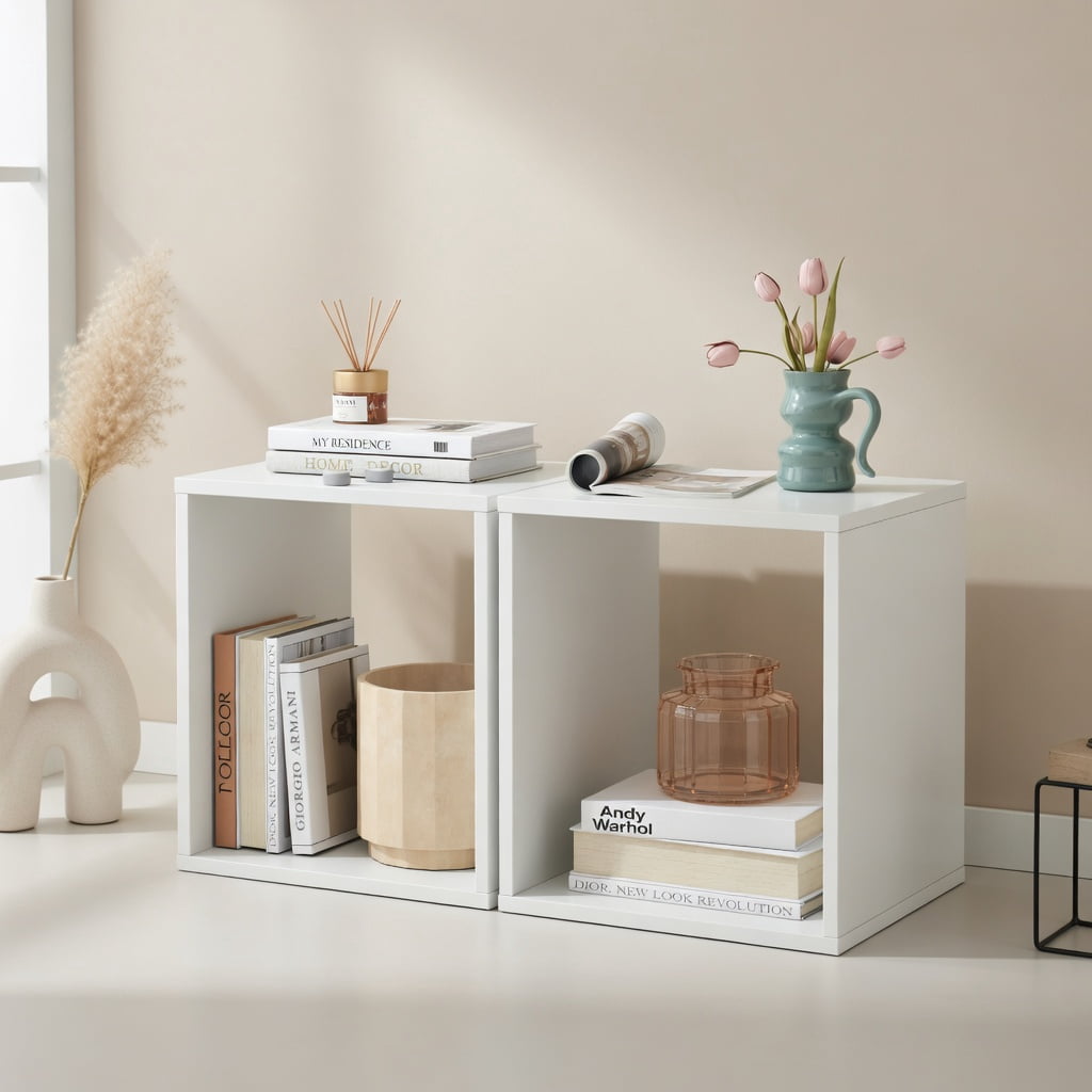Spaco Cube Storage Organizer Set of 2-White, Tall Bookshelf, Shelves for Living Room, Home Office, Bedroom, Balcony