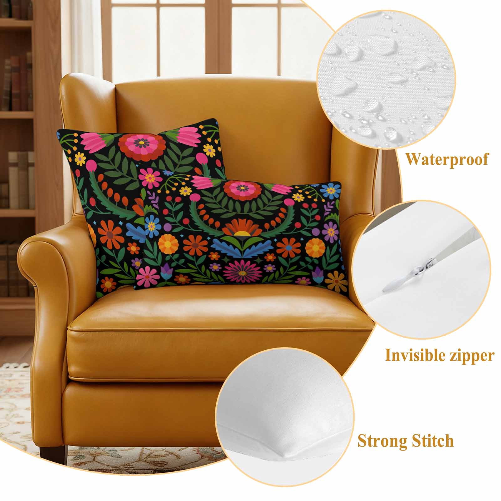 Bohemian Outdoor Waterproof Pillow Covers, Red Green Tribal Mexican Abstract Flower Decorative Square Throw Pillowcase Sofa Cushion Sham for Patio/Couch/Chair, 18"x18" 2 Pack