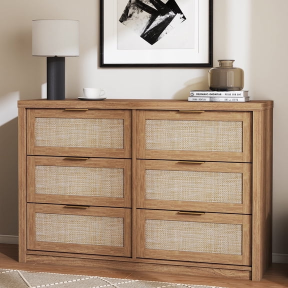 ARKANTOS 6 Drawer Rattan Dresser, Bohemian Chest of Drawers for Bedroom, Natural Oak