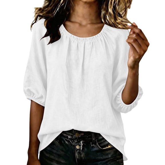cocolona Womens Summer Linen Tops 3/4 Sleeve Crew Neck Pullover Shirts Dressy Casual Loose Tunic Solid Color Blouses