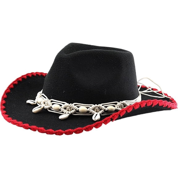 Jiibva Cowboy Hat for Women, Felt Western Hats With Macrame Beaded Band Jazz Top Hat Wide Brim Sun Hat Beach Vintage Retro Western Cowboy Hats for Wedding Party