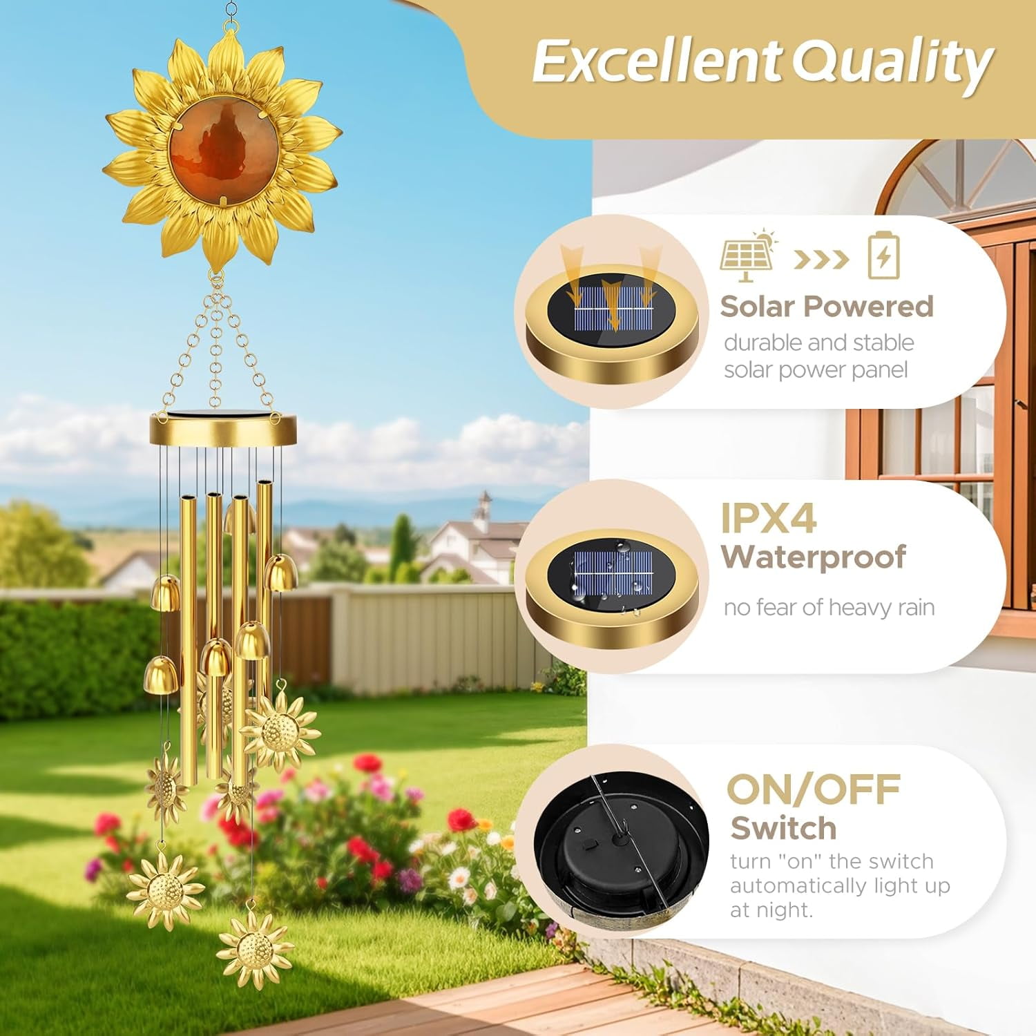JYPS Solar Wind Chimes with Sunflower LED Lights, 42-Inch Large Waterproof Outdoor Garden Decor for Patio Yard, Unique Gifts for Women Mom Grandma, Mother's Day Birthday Easy-Install Design