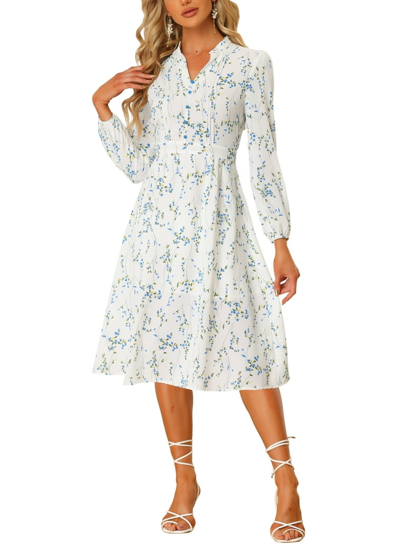women's button up split floral print flowy party maxi dress Unique Bargains Women's Button Up Split Long Sleeve Floral Flowy Party Maxi  Dress L White