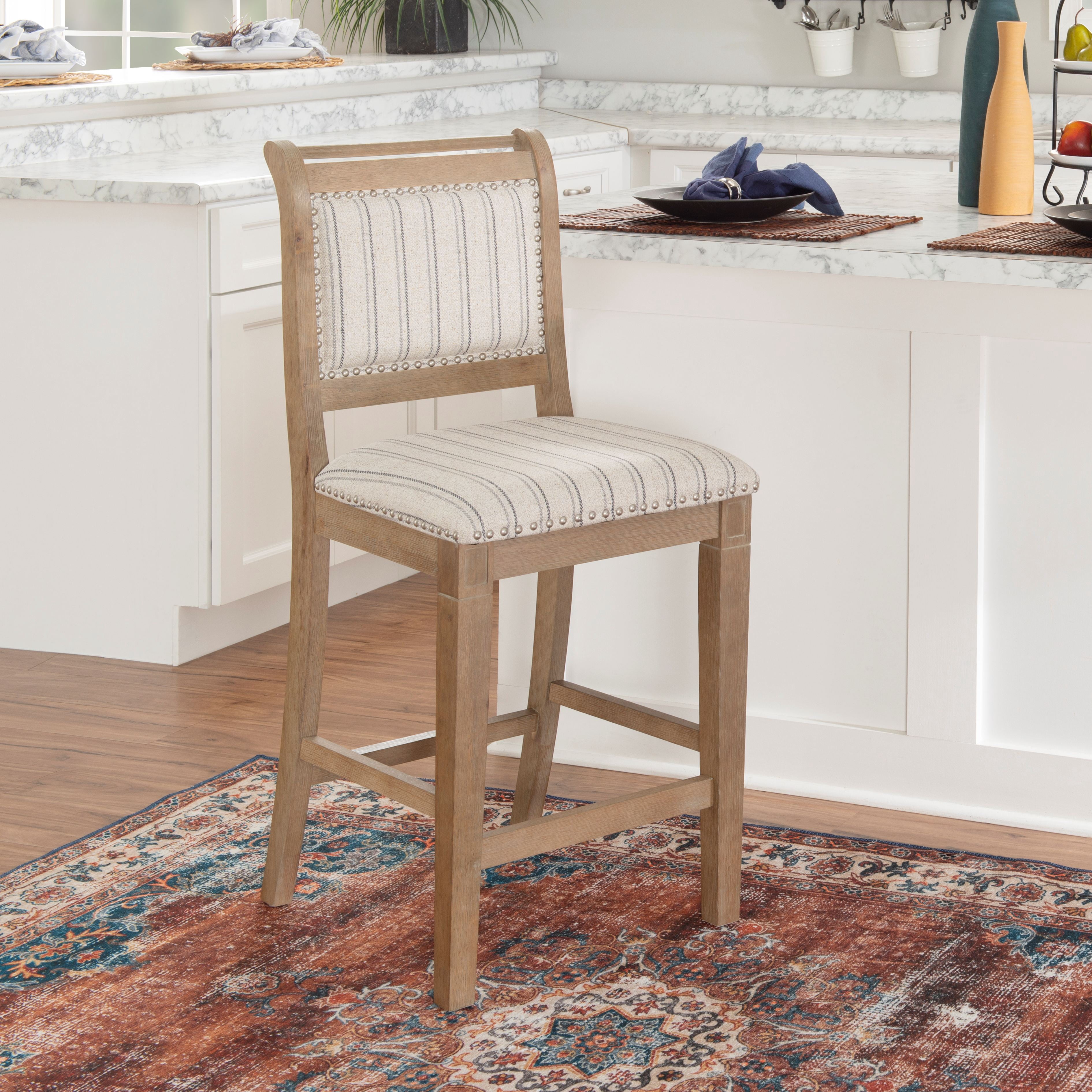 Linon Findley 26" Mid Back Indoor Wood Counter Stool, Gray wash/Natural Stripe