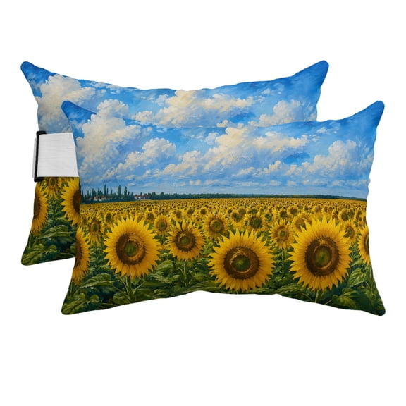 Outdoor Pillow for Chaise Lounge Chair Summer Farm Sunflowers Headrest Pillow with Adjustable Elastic Strap Set of 2,11x16 inch, Oil Style Blue-sky White Cloud Waterproof Head Pillows for Patio