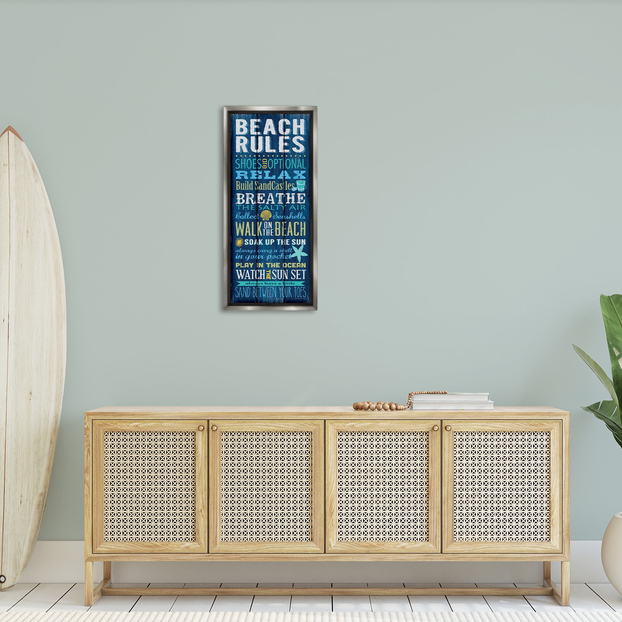 Stupell Industries Blue Planked Beach Rules Sign Nature Painting Gray Floater Framed Canvas Art Print Wall Art, 15 x 31
