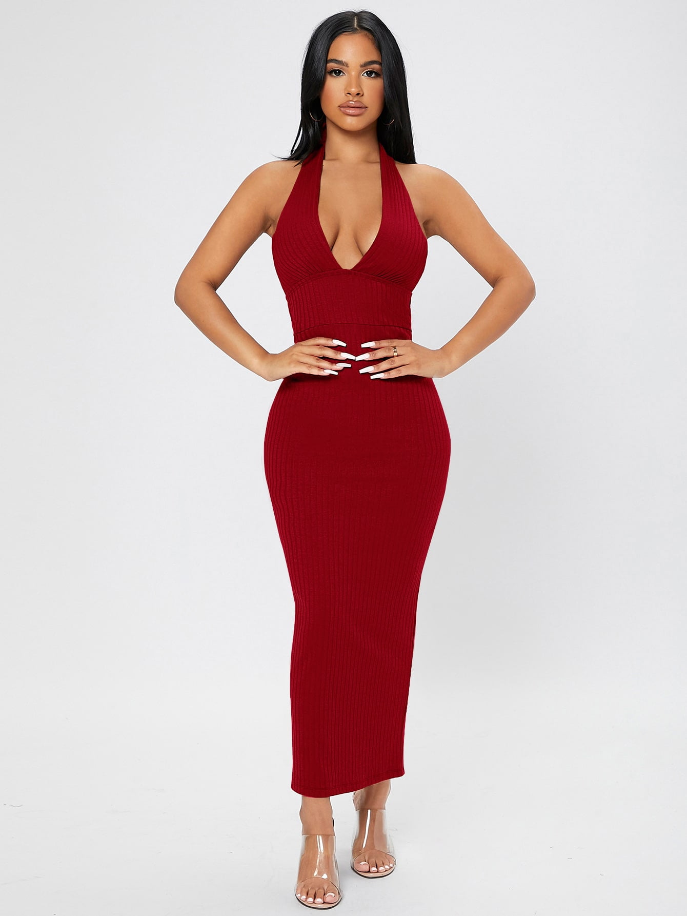 Women's Ribbed Knit Tie Backless Halter 