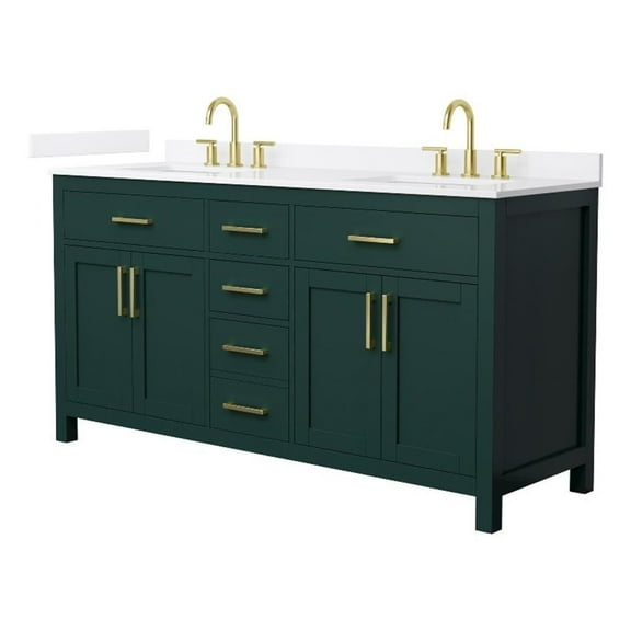 Beckett 66" Green Double Vanity & White Quartz Top (3-Hole) & Gold Trim