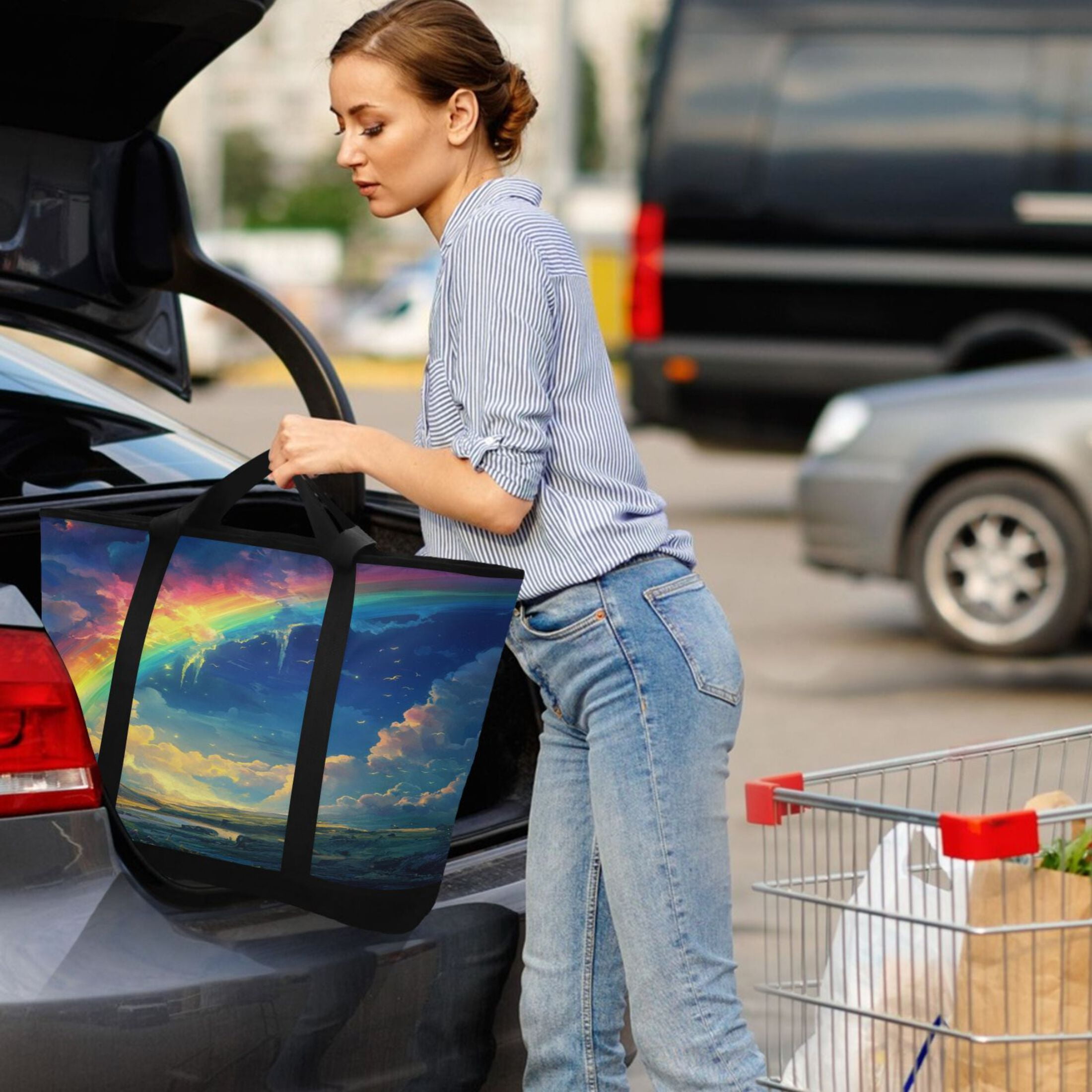 Large Hand-held Ice Pack Picnic Bag Insulation and Refrigeration Suitable for Shopping Picnics and Camping Super Cool Rainbow
