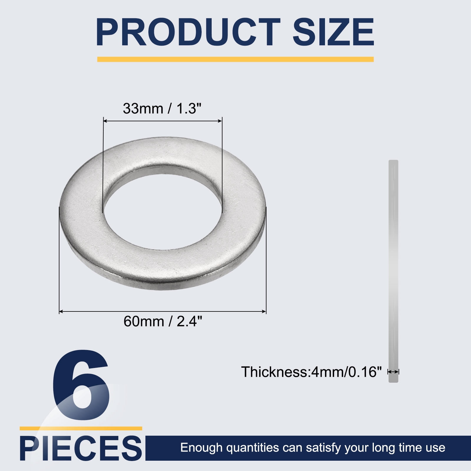 M33 Flat Washer for Screw, 6Pcs 304 Stainless Steel Washers 33MM ID x 60MM OD x 4MM Thick(Silver Tone)
